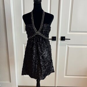 Sky Black sequin and rhinestone Halter Dress
